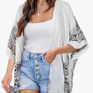 Kimono - White and Black - One Size - Beach - Coverup